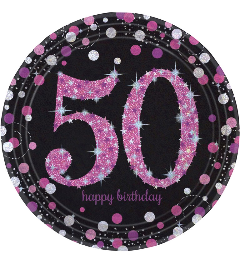 Talířky - 50, happy birthday - růžové