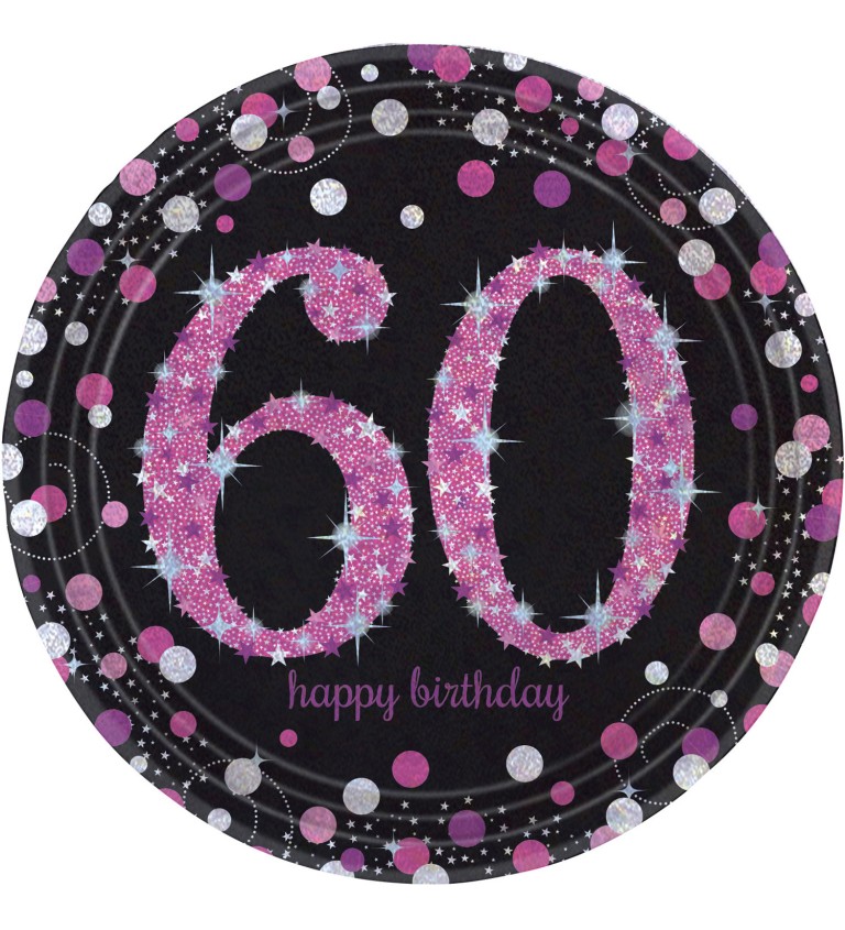 Talířky - 60, happy birthday - růžové